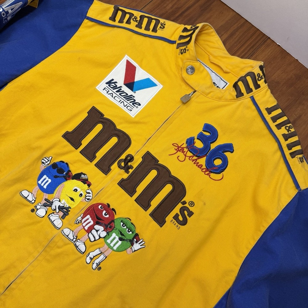 VTG 90s Mens Chase Nascar Ken Schrader  Yellow Distress M&Ms Full Zip Jacket M